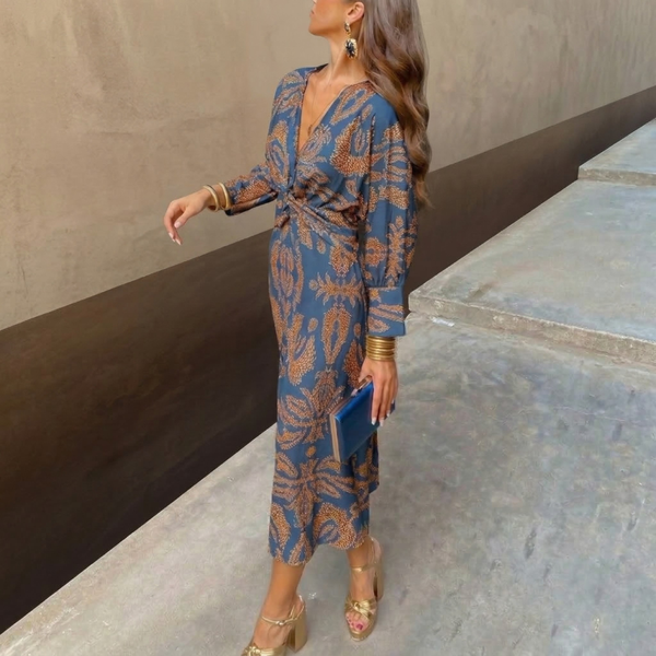 Ivana – Elegantní midi šaty s uzlem v pase a uměleckým potiskem